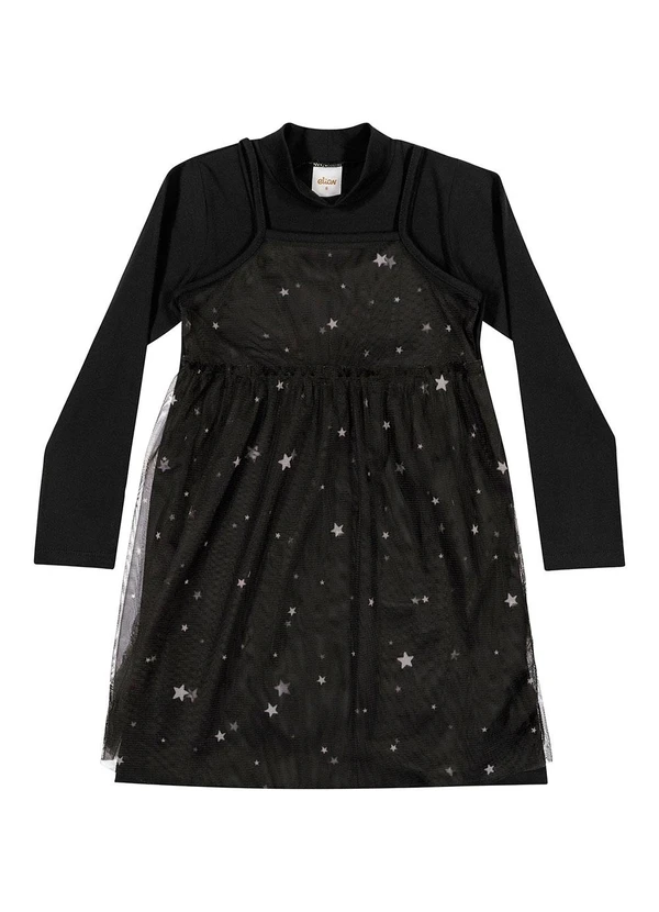Elian - Vestido Infantil Menina Curto Tule Estrelas Preto 2