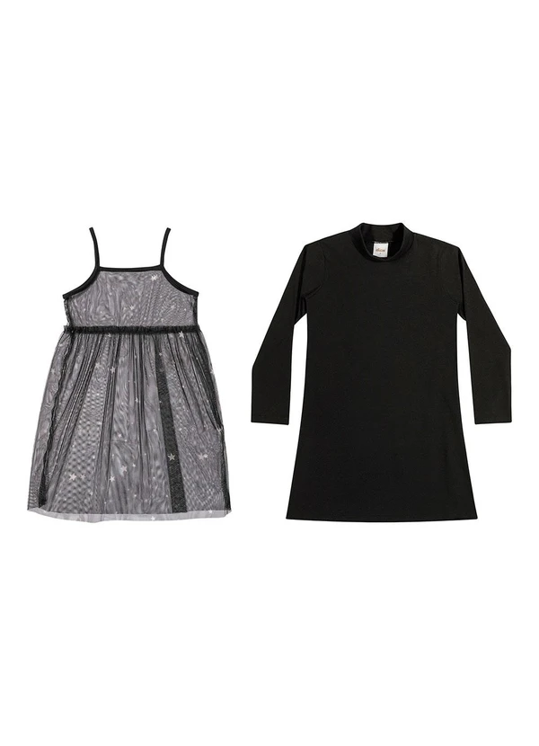 Elian - Vestido Infantil Menina Curto Tule Estrelas Preto 3