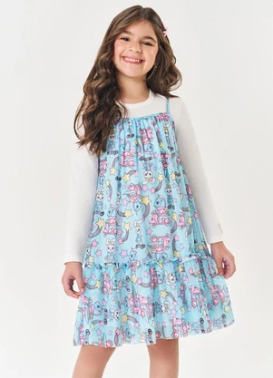 Abrange - Vestido Infantil Menina Dinossauro Azul - ABRANGE