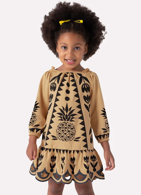 Nanai - Vestido Infantil Menina em Cotton Marrom