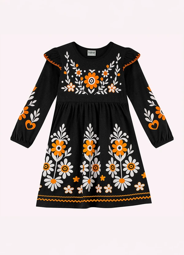 Nanai - Vestido Infantil Menina em Cotton Preto
