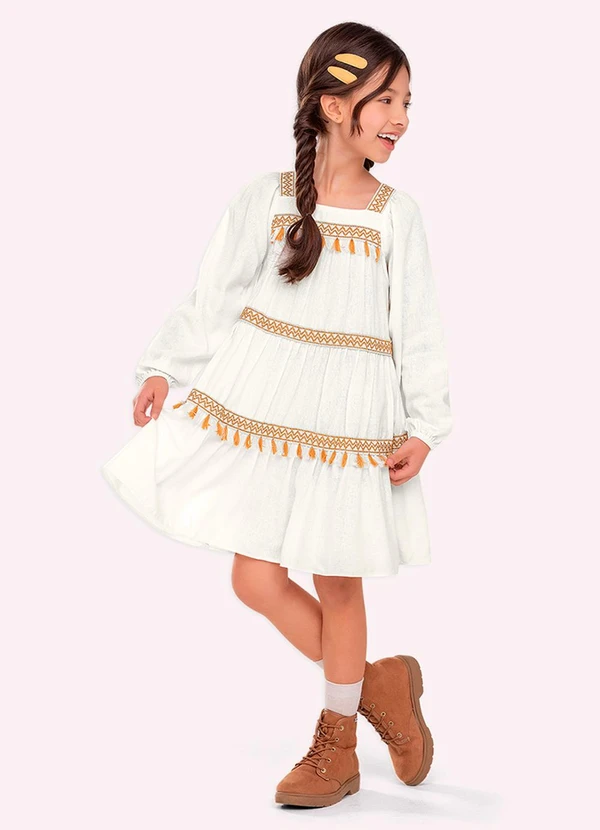 Nanai - Vestido Infantil Menina em Linho Off White