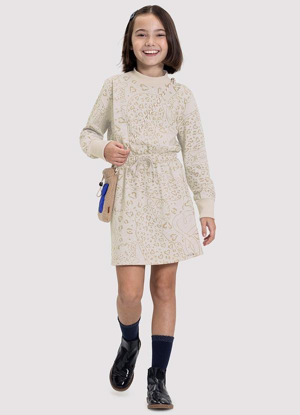 Alakazoo - Vestido Infantil Menina em Moletom Animal Print Bege