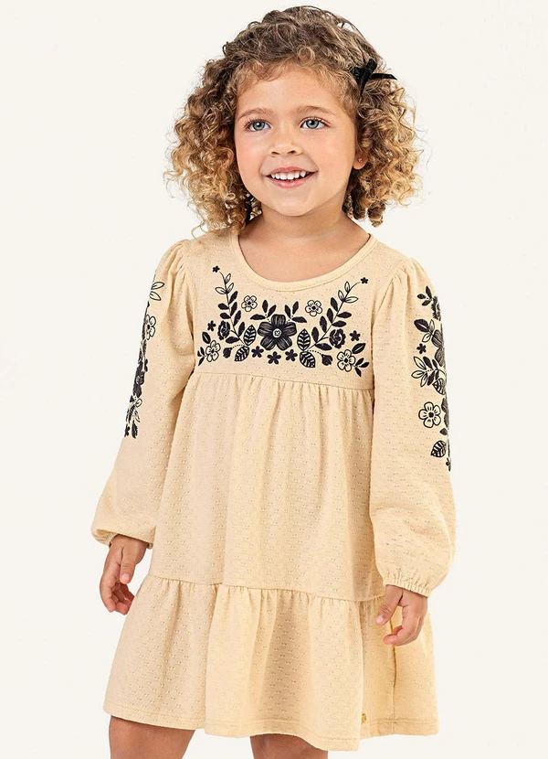 Colorittá - Vestido Infantil Menina Floral Texturizado Bege