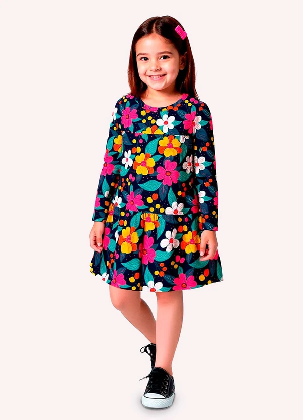 Kyly - Vestido Infantil Menina Flores Azul