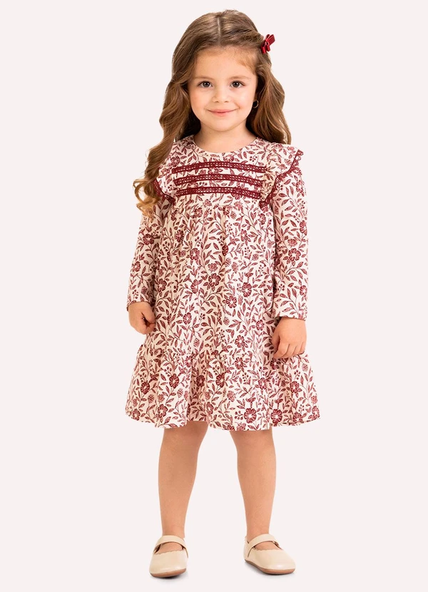 Milon - Vestido Infantil Menina Flores Bege