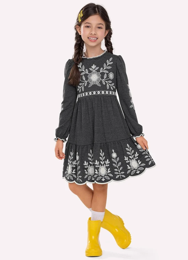 Nanai - Vestido Infantil Menina Flores Cinza