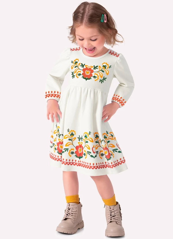 Nanai - Vestido Infantil Menina Flores Off White