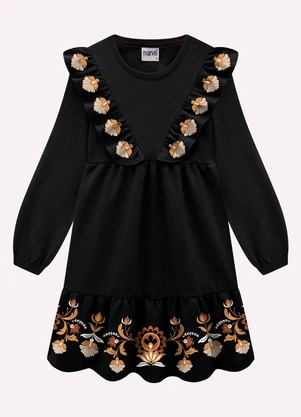 Nanai - Vestido Infantil Menina Flores Preto - NANAI