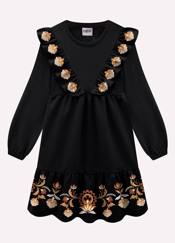 Nanai - Vestido Infantil Menina Flores Preto