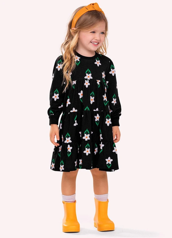Nanai - Vestido Infantil Menina Flores Preto