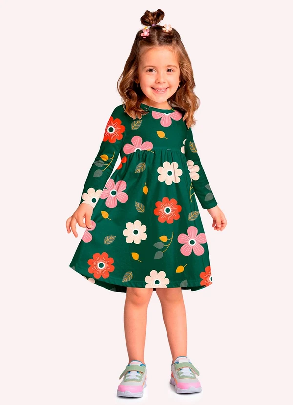 Kyly - Vestido Infantil Menina Flores Verde