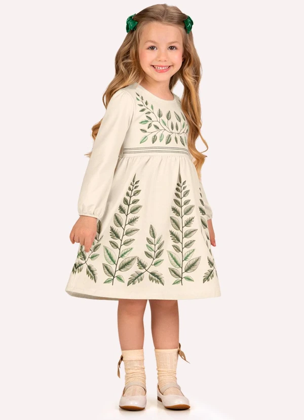 Milon - Vestido Infantil Menina Folhagem Bege
