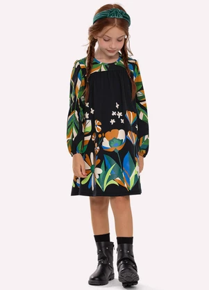 Nanai - Vestido Infantil Menina Folhas Preto - NANAI