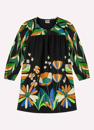 Nanai - Vestido Infantil Menina Folhas Preto - NANAI