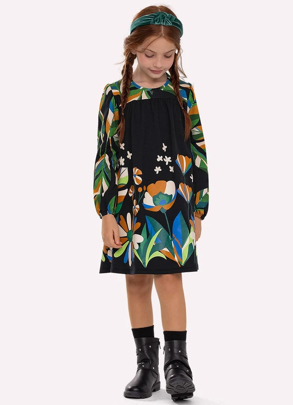 Nanai - Vestido Infantil Menina Folhas Preto