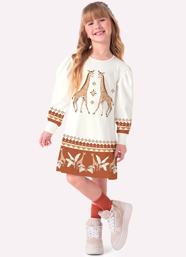 Nanai - Vestido Infantil Menina Girafas Off White