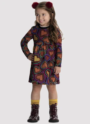 Alakazoo - Vestido Infantil Menina Manga Longa Estampado Preto - ALAKAZOO