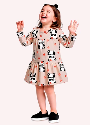 Kyly - Vestido Infantil Menina Pandinhas Bege - KYLY
