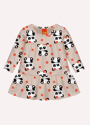 Kyly - Vestido Infantil Menina Pandinhas Bege - KYLY