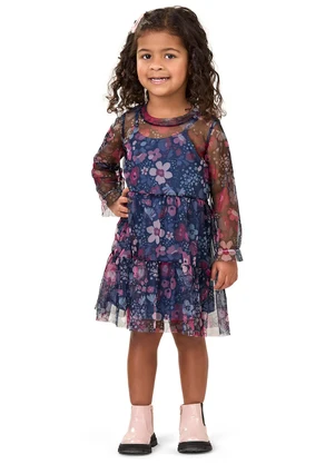Elian - Vestido Infantil Menina Tule Floral Azul - ELIAN