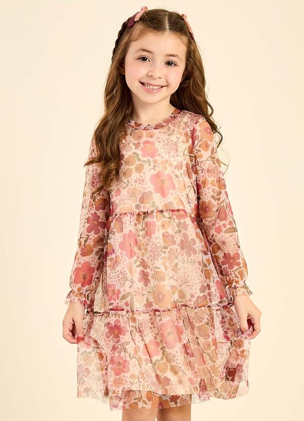Elian - Vestido Infantil Menina Tule Floral Bege