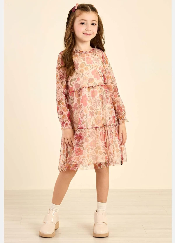Elian - Vestido Infantil Menina Tule Floral Bege 3