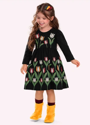 Nanai - Vestido Infantil Menina Tulipas Preto - NANAI