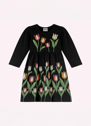 Nanai - Vestido Infantil Menina Tulipas Preto - NANAI