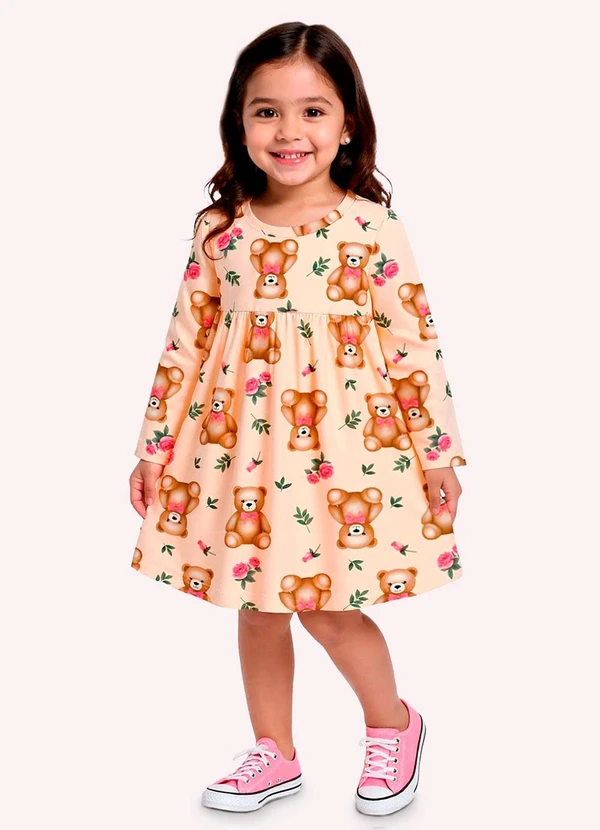 Kyly - Vestido Infantil Menina Ursinho Bege