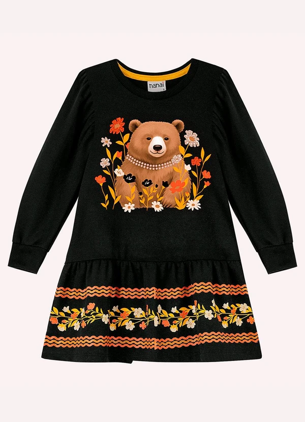 Nanai - Vestido Infantil Menina Ursinho Preto