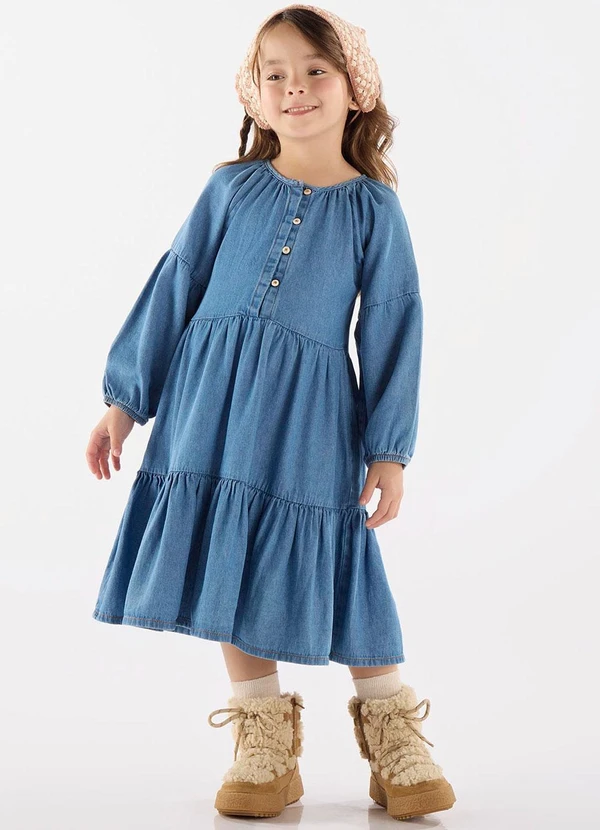 Up Baby - Vestido Infantil Midi em Jeans Azul