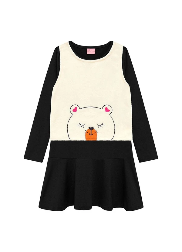 Duduka - Vestido Infantil Suplex Pelo e Bordado Preto