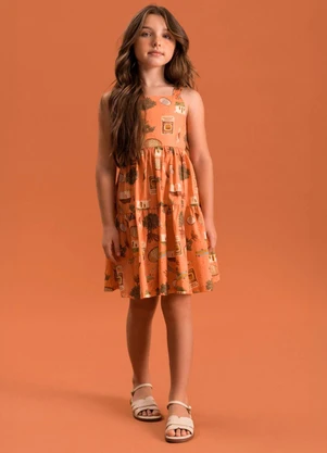 Bugbee - Vestido Infantil Tricoline Digital Bege - BUGBEE