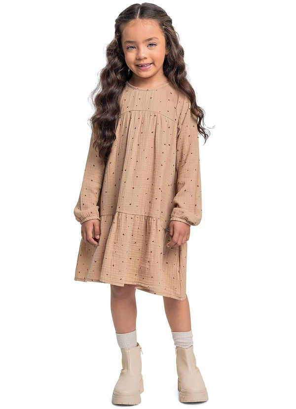 Quimby - Vestido Manga Longa em Algodão Marrom