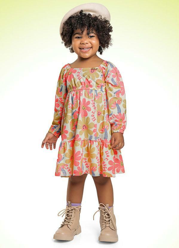 Fakini Kids - Vestido Manga Longa Estampado
