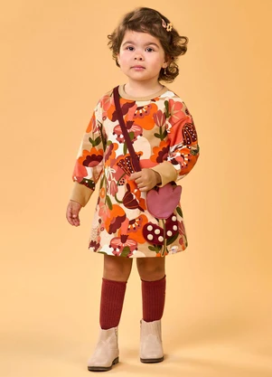 Elian - Vestido Manga Longa Floral com Bolsa Laranja - ELIAN