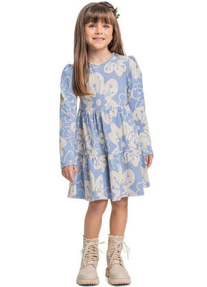 Quimby - Vestido Manga Longa Floral em Cotton Azul - QUIMBY