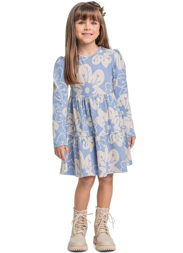 Quimby - Vestido Manga Longa Floral em Cotton Azul