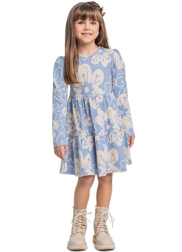 Quimby - Vestido Manga Longa Floral em Cotton Azul