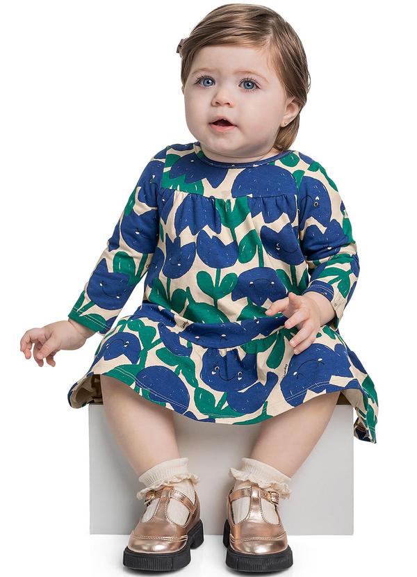 Quimby - Vestido Manga Longa Floral para Bebê Azul