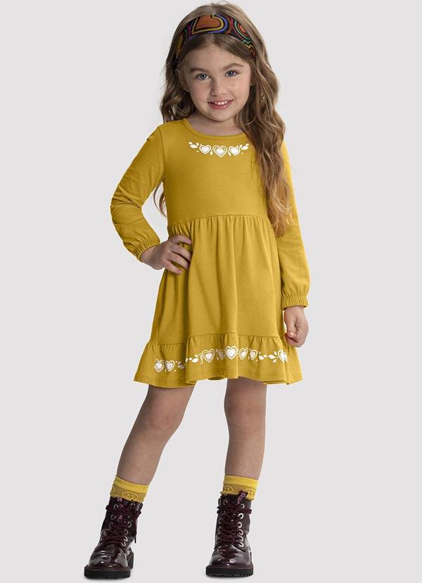 Alakazoo - Vestido Manga Longa Infantil Menina com Babado Amarelo