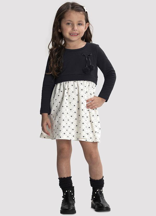 Alakazoo - Vestido Manga Longa Infantil Menina com Pompom Preto 1