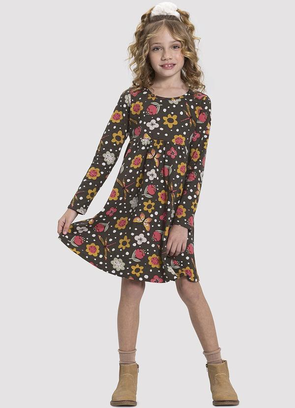 Alakazoo - Vestido Manga Longa Infantil Menina Favoritos Marrom
