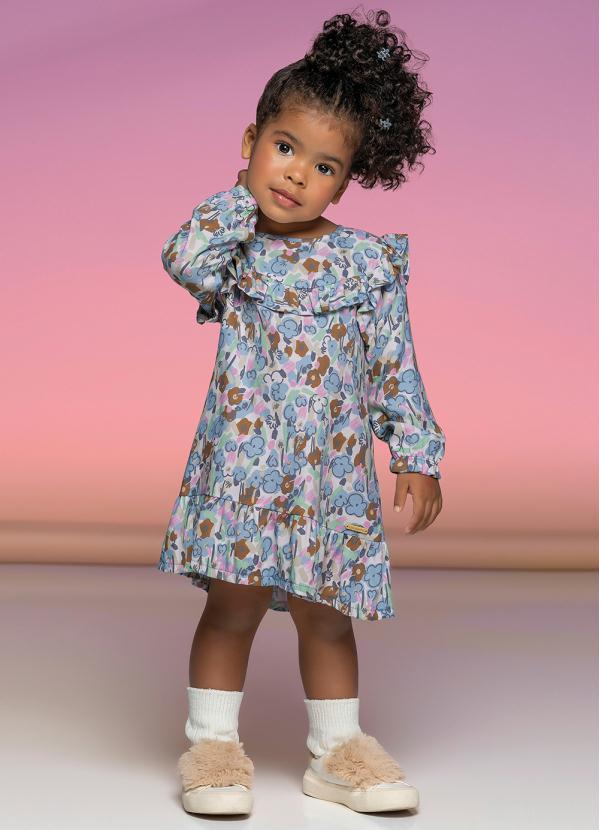 Colorittá - Vestido Menina Floral com Babado Azul Claro
