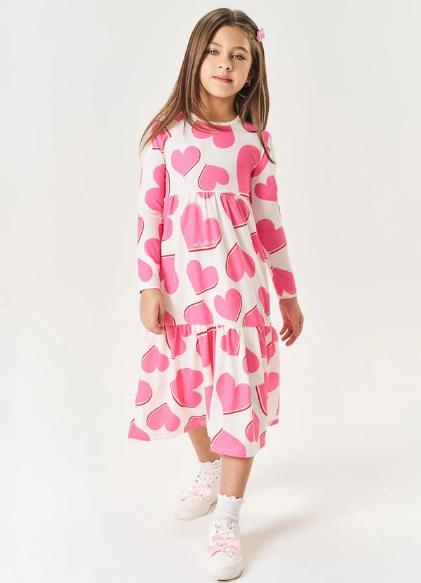 Abrange - Vestido Midi Infantil Menina Corações Nude