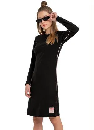 Gloss - Vestido Midi Juvenil em Ribana Preto - GLOSS