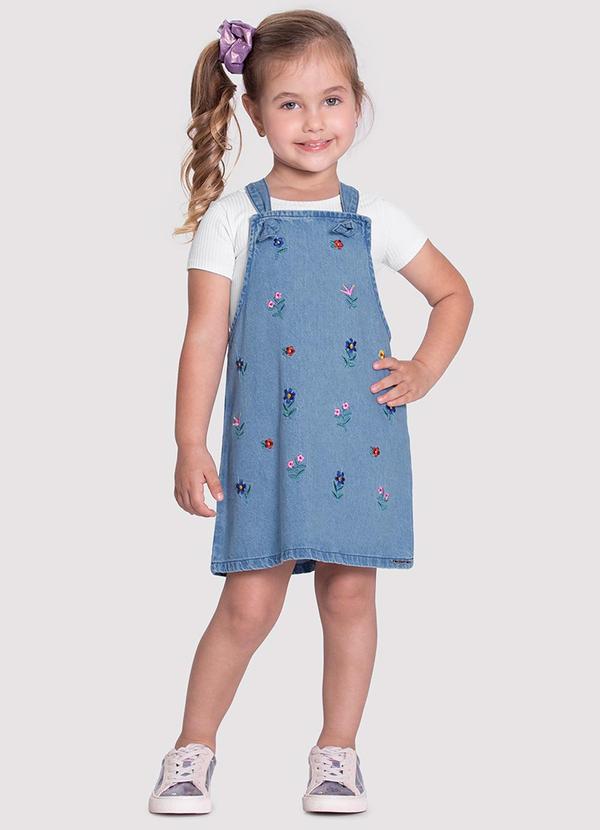 Alakazoo Salopete Jeans Infantil Menina com Bordado Flores Azul