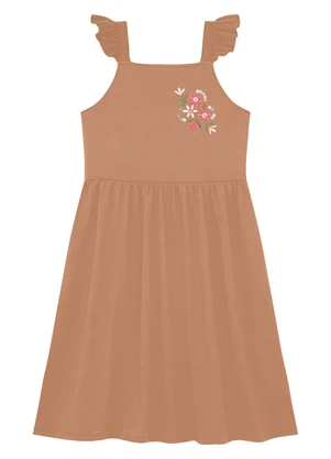 Duduka - Vestido Alça com Bordado de  e Babado Marrom - DUDUKA