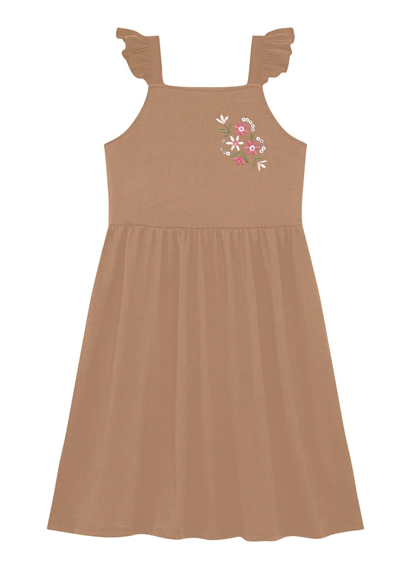 Duduka - Vestido Alça com Bordado de e Babado Marrom